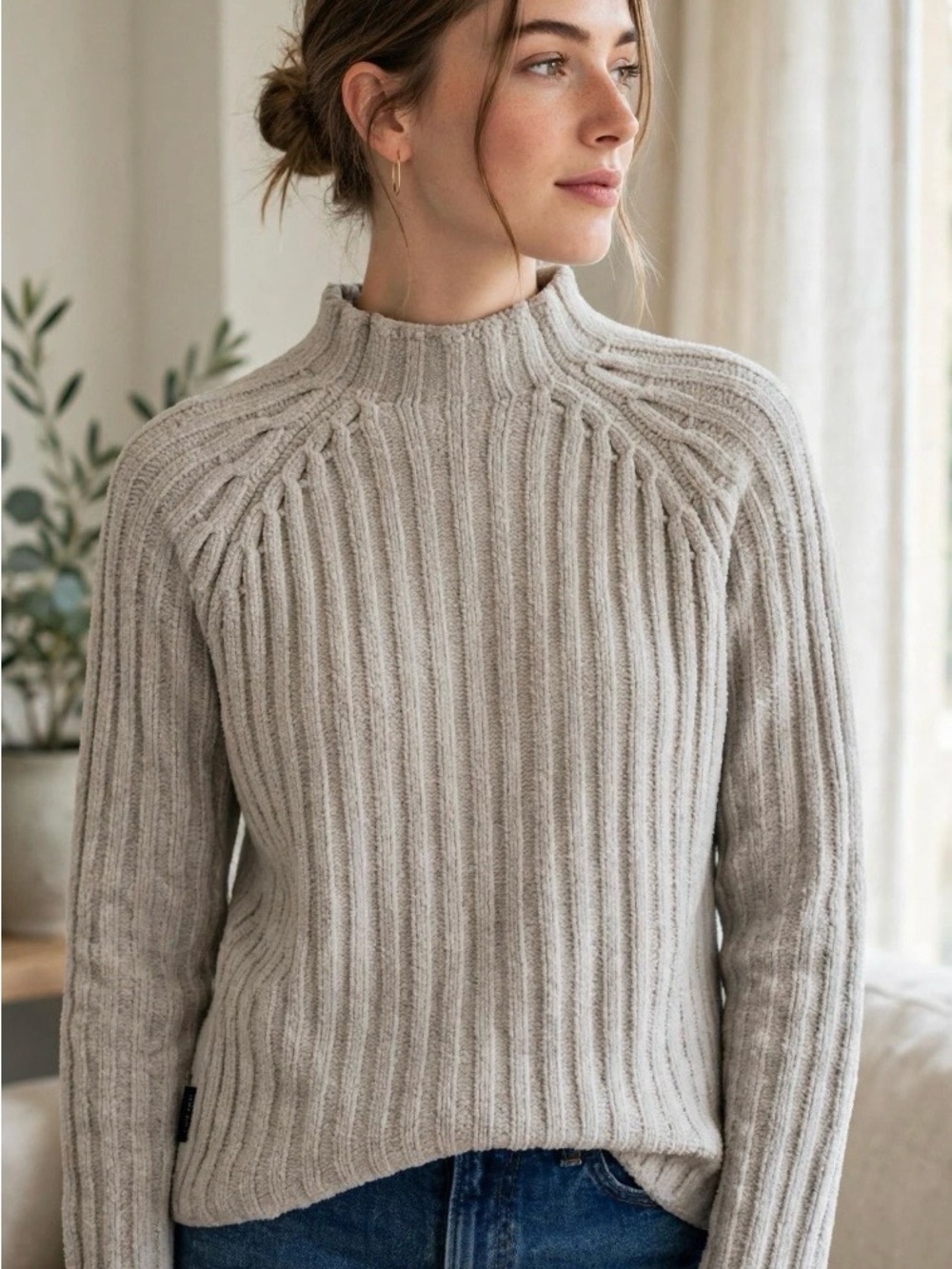 Y2K DKNY Jeans Grey Chenille Ribbed Mock Neck Sweater Cable Raglan Cozy Size S
